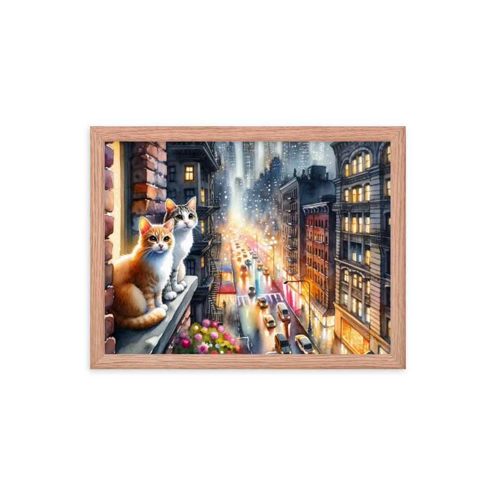 Cats on Windowsill Observing City Lights - Urban & Expressive Framed Poster - Oh Posters