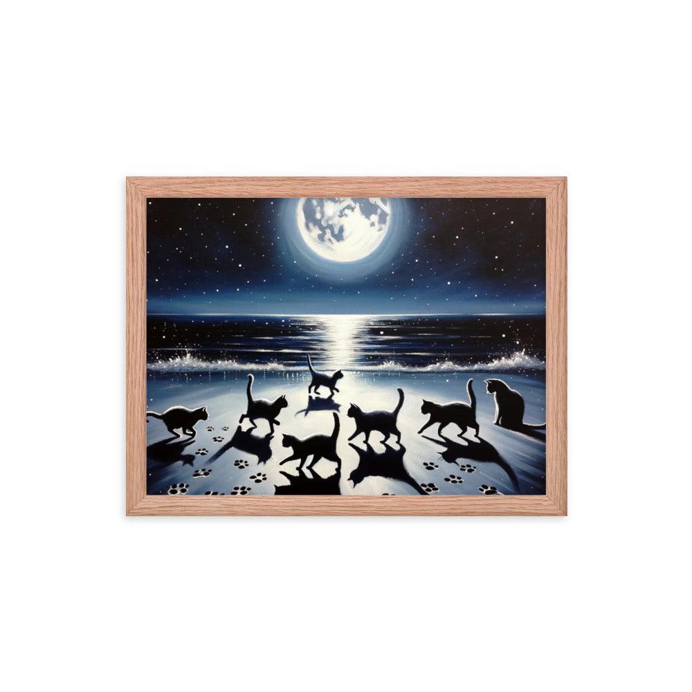 Cats Playing Tag on Moonlit Beach - Magical & Playful Framed Poster - Oh Posters