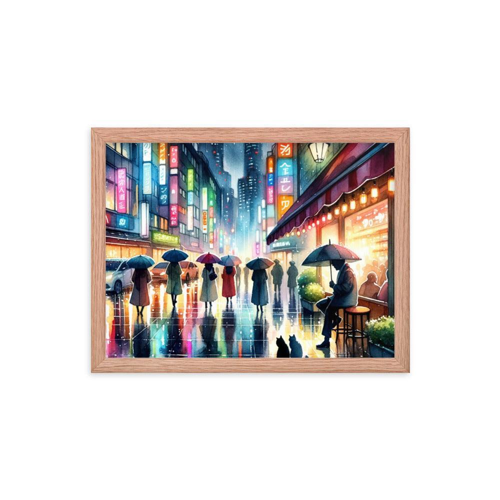 Cats Under Cafe Awning on Rainy City Evening - Atmospheric & Urban Framed Poster - Oh Posters