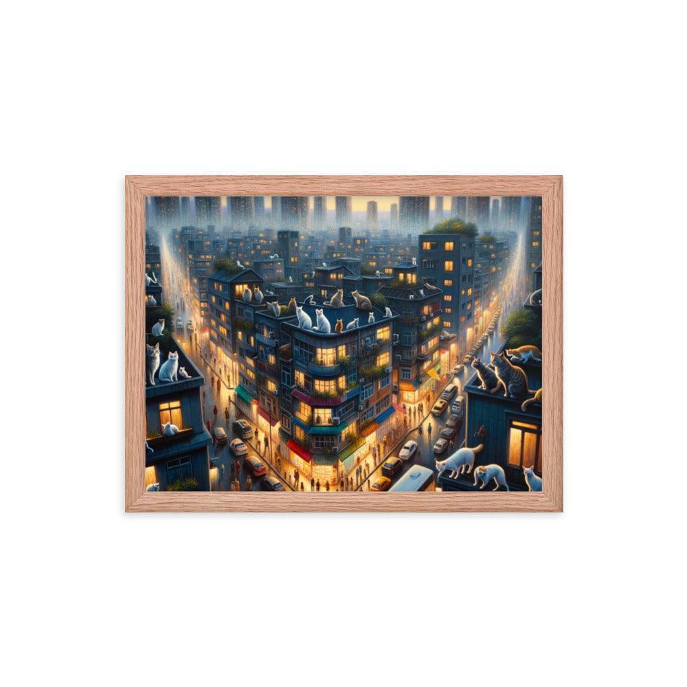 Cats' Twilight Cityscape Magical Glow Art Framed Poster - Oh Posters