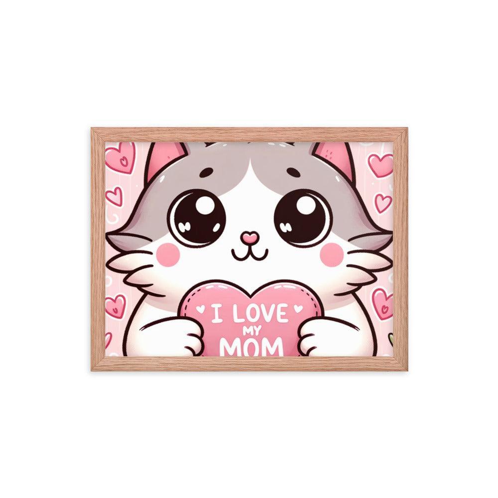 Cat Holding 'I Love My Mom' Sign on Lavender Heart Backdrop - Affectionate & Playful Framed Poster - Oh Posters