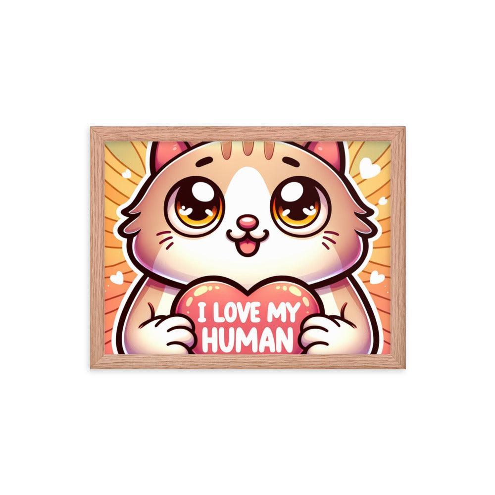 Cat with 'I Love My Human' Heart Sign on Warm Gradient - Affectionate Framed Poster - Oh Posters