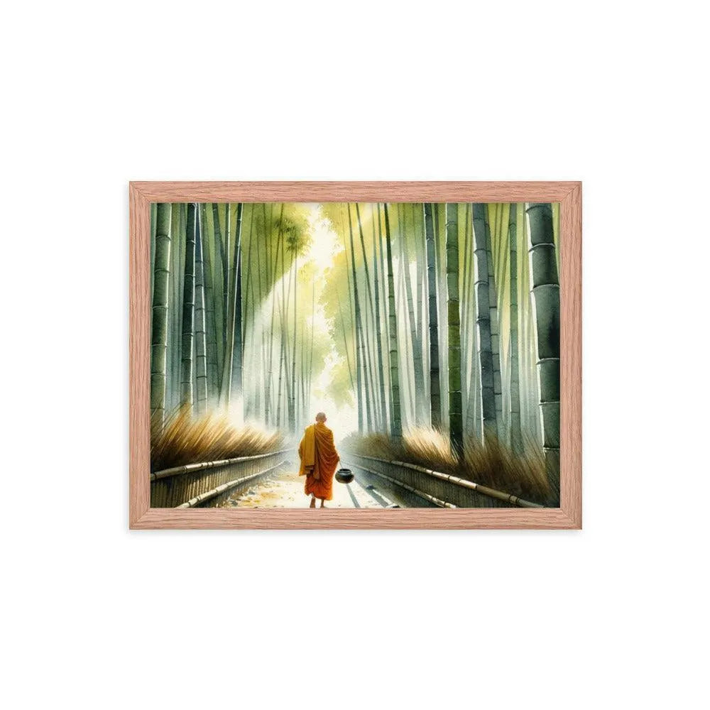 Monk in Bamboo Forest Collecting Dew - Serene Morning Reverie Framed Poster - Oh Posters