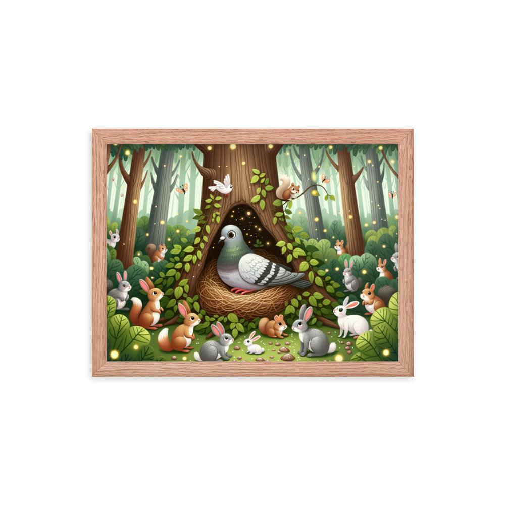 Pigeon in Forest Tree Hollow with Curious Creatures - Whimsical Woodland Framed Poster - Oh Posters