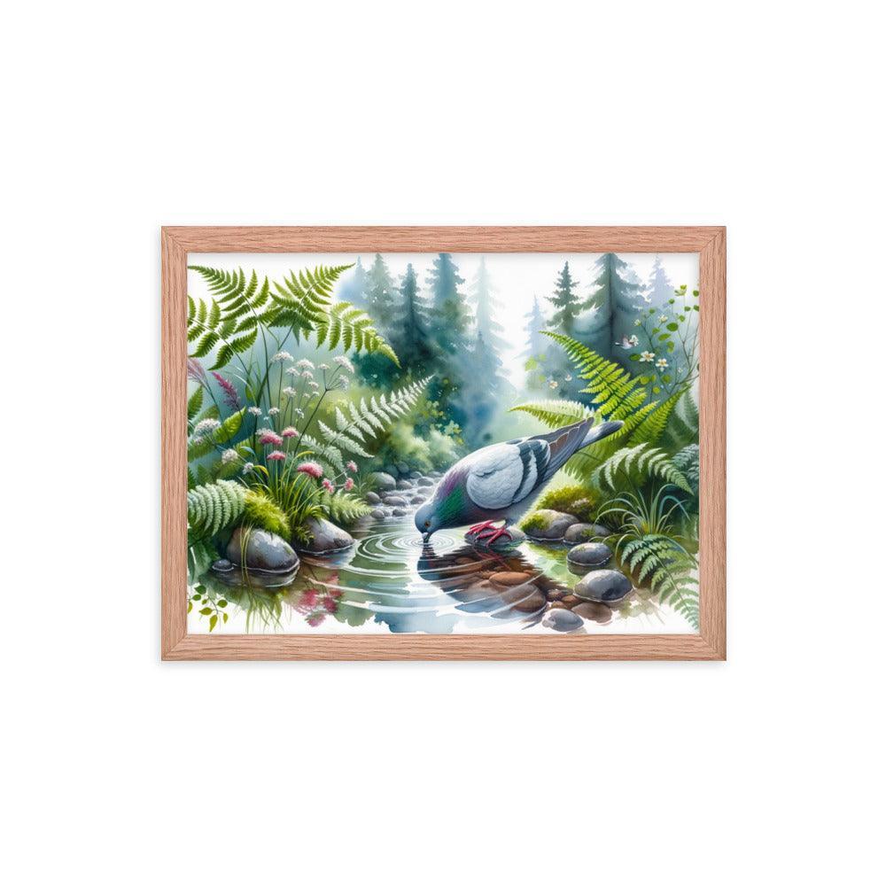 Pigeon Drinking from Forest Stream Art Framed Poster - Oh Posters