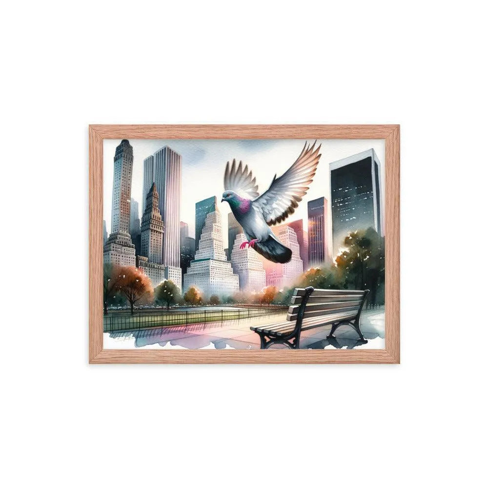 Urban Pigeon Over City Park Watercolor Illustration Framed Poster - Oh Posters