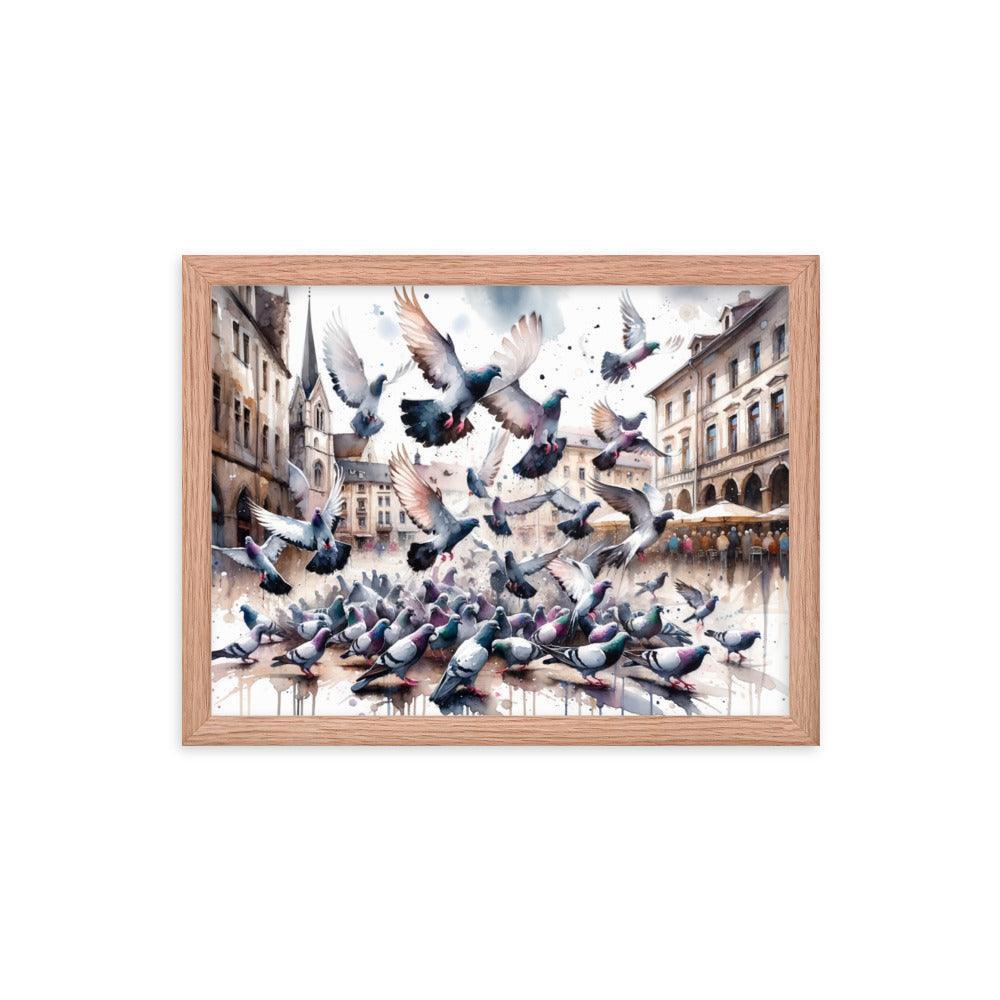 Pigeon Flock Dynamic Watercolor Cityscape Framed Poster - Oh Posters