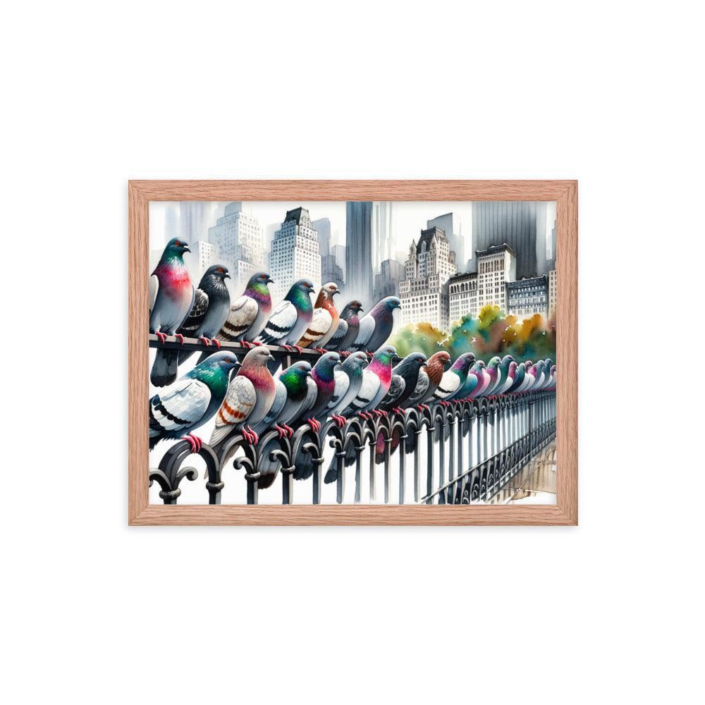 City Pigeons Flock Watercolor Skyline View Framed Poster - Oh Posters