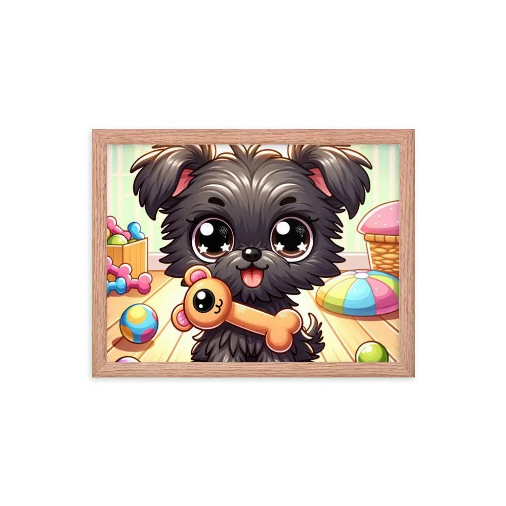 Cute Affenpinscher Puppy with Toy - Playful Charm in Cartoon Framed Poster - Oh Posters