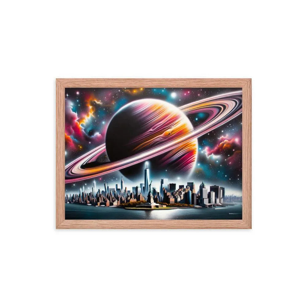 Futuristic New York City Skyline with Saturn Spray Paint Art Framed Poster - Oh Posters