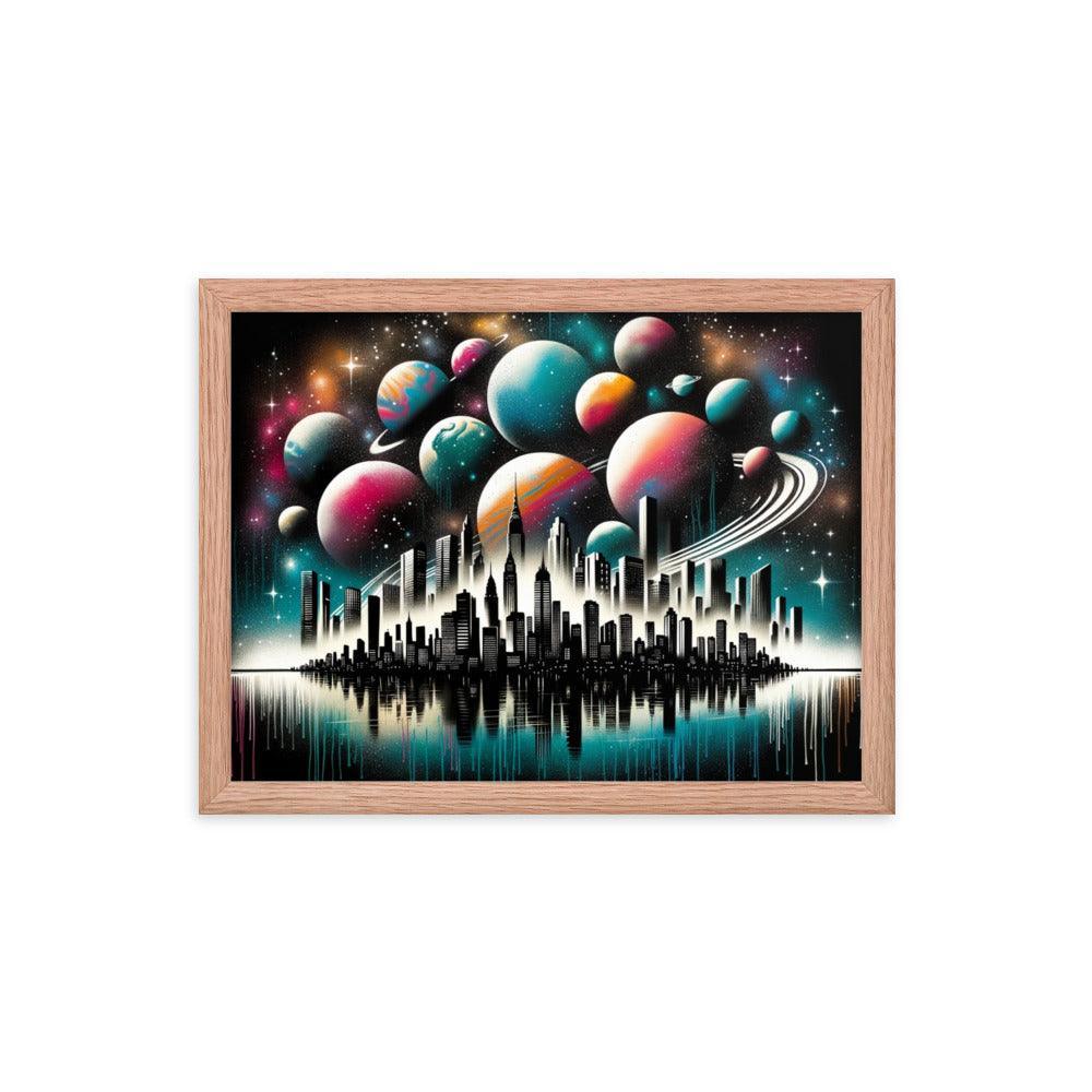 Cityscape Silhouette with Cosmic Planet Sky Spray Paint Art Framed Poster - Oh Posters