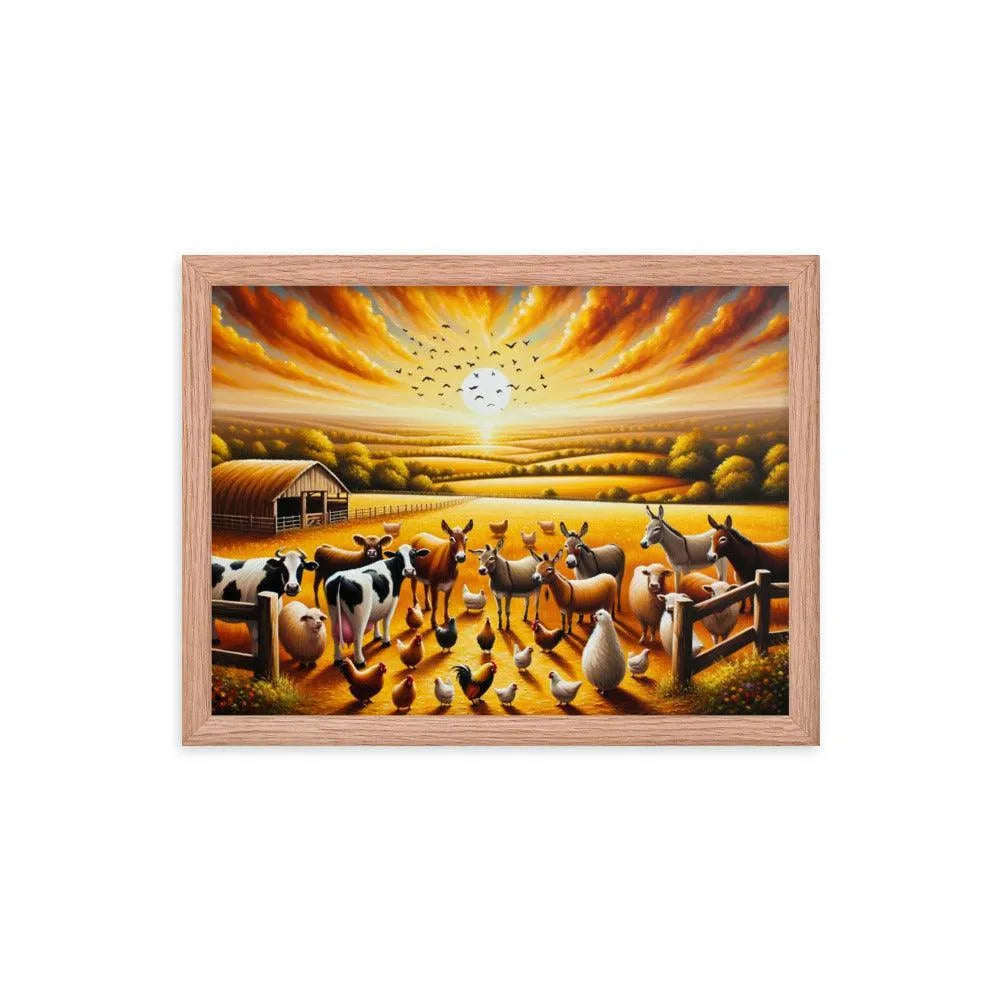 Golden Hour Farm Animals Acrylic Painting Framed Poster - Oh Posters