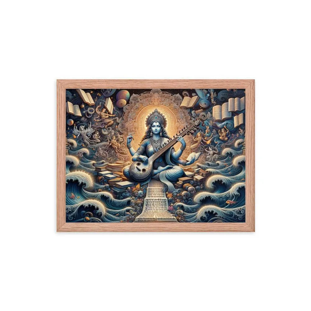 Goddess Saraswati Playing Veena amidst a Lush Landscape Hindu Artistic Framed Poster - Oh Posters