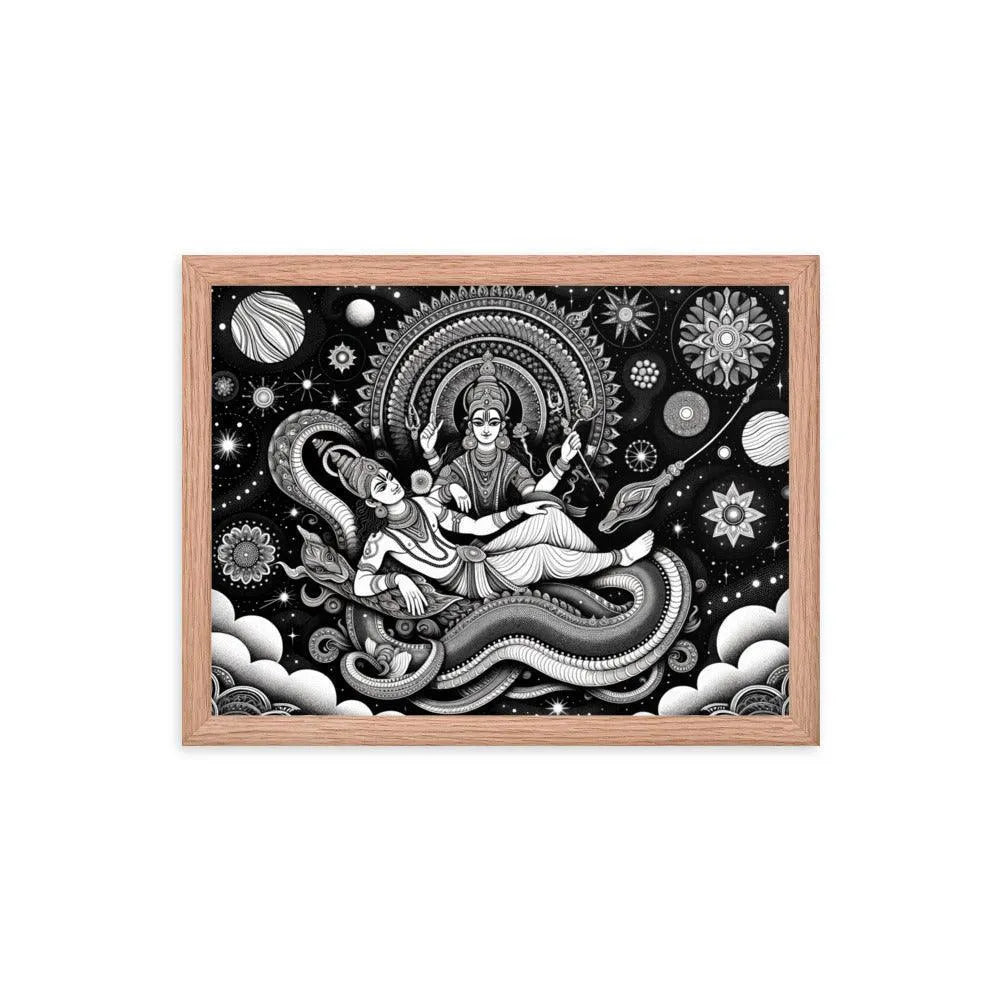 Hindu Lord Vishnu and Goddess Lakshmi Cosmic Serpent Divine Art Framed Poster - Oh Posters