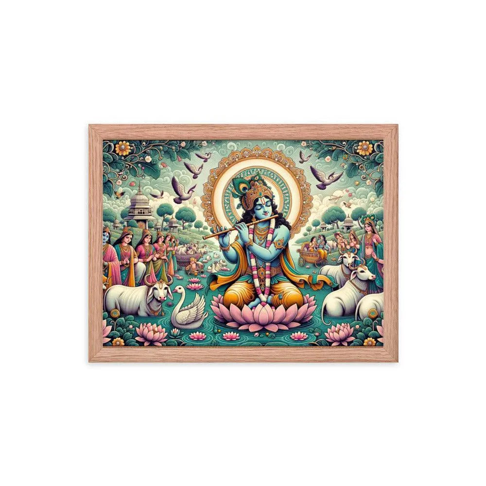 Hindu Lord Krishna Divine Flute Music Vrindavan Framed Poster - Oh Posters