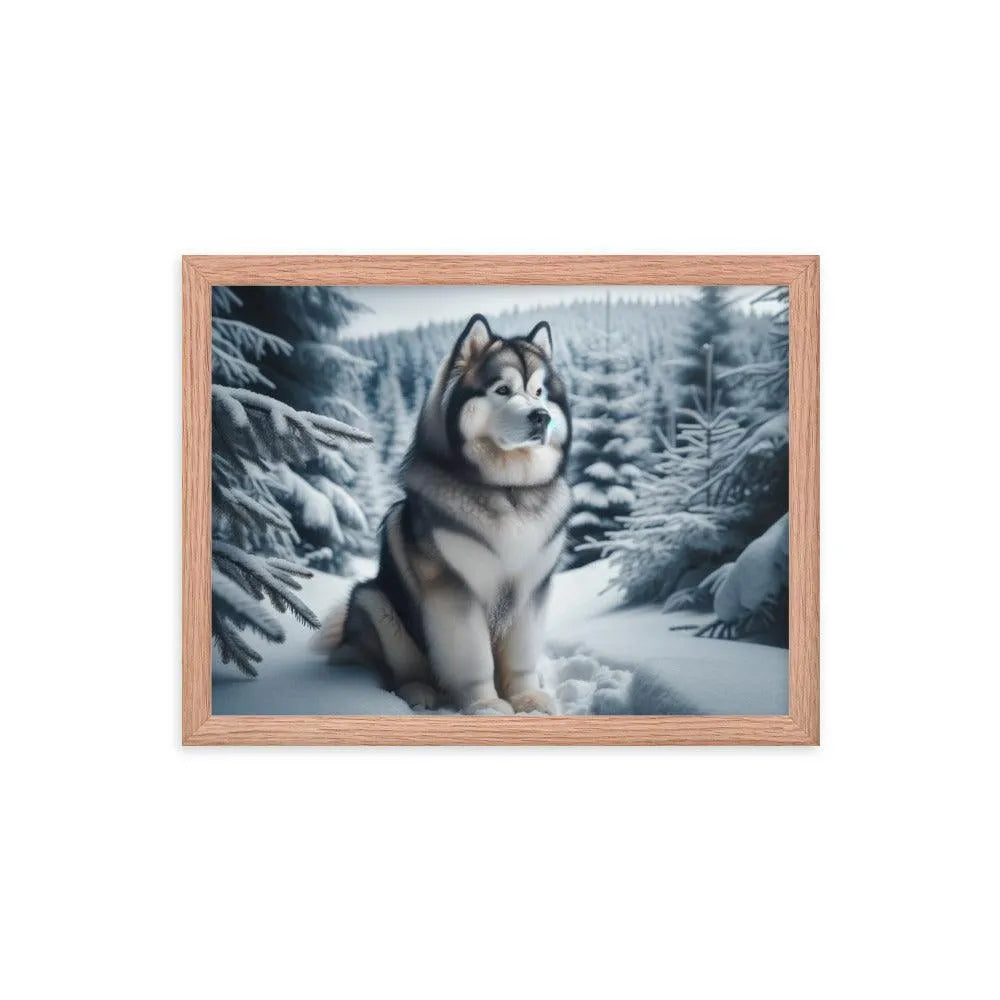 Graceful Alaskan Malamute in Wintry Forest Framed Poster - Oh Posters