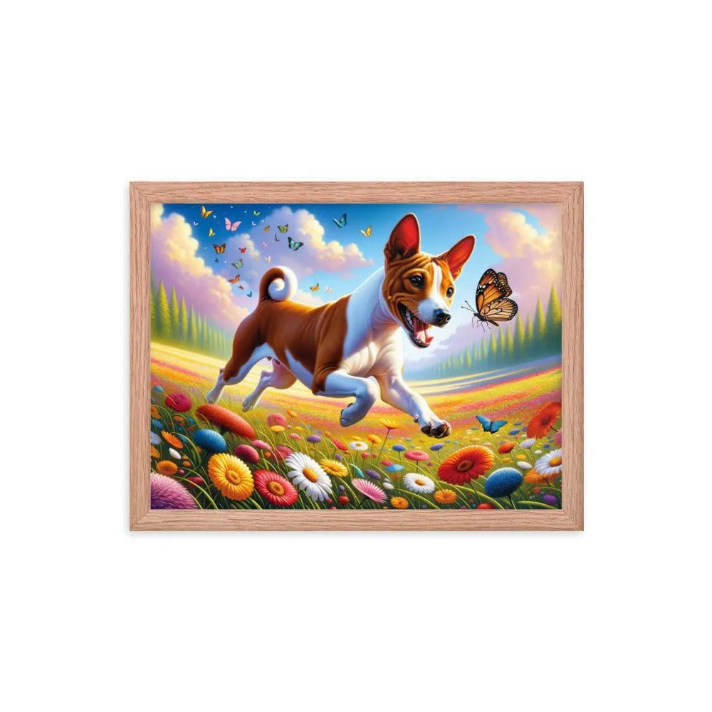 Energetic Basenji Dog Chasing Butterfly in Vibrant Meadow Landscape Framed Poster - Oh Posters