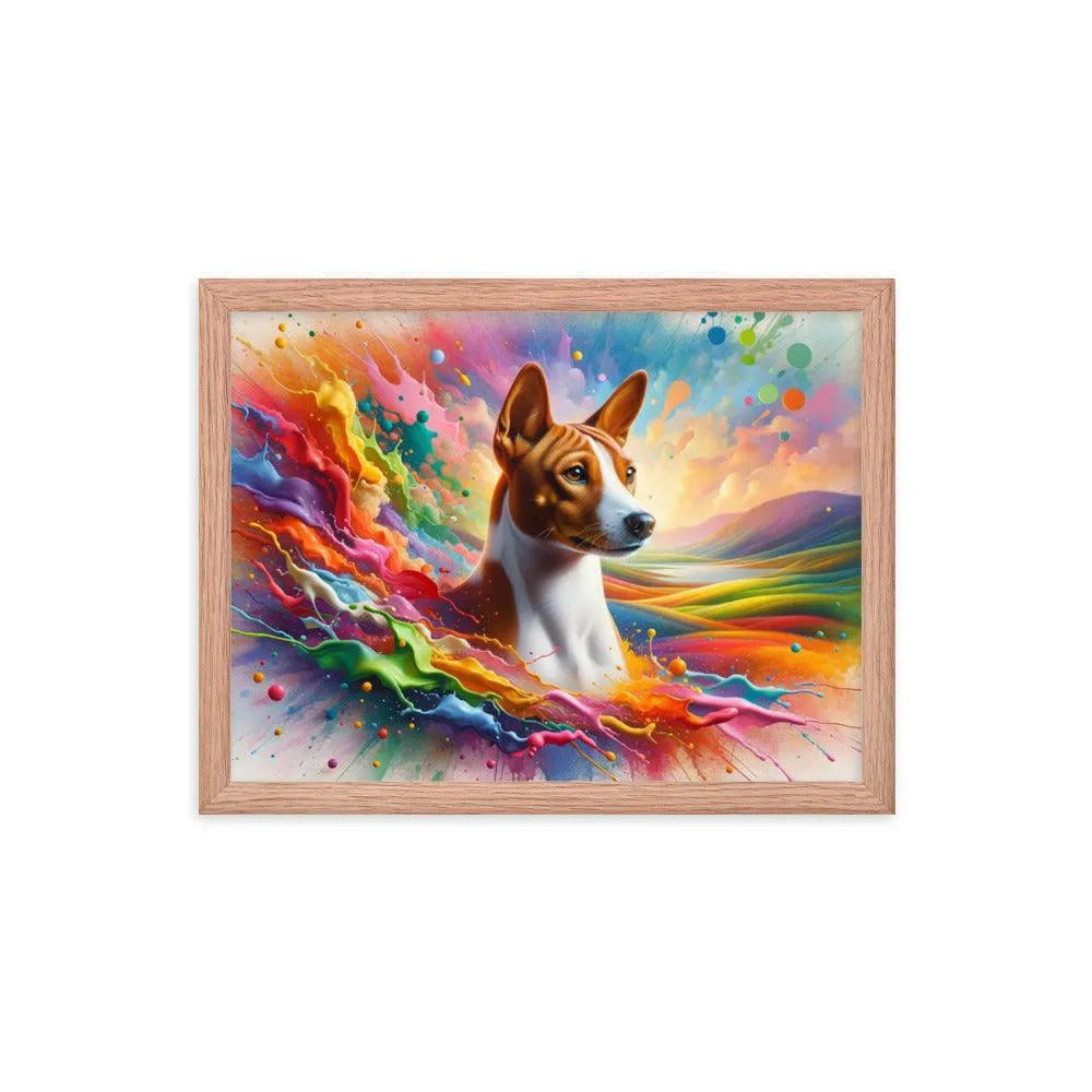 Realistic Basenji Dog Amidst Rainbow Splatter Framed Poster - Oh Posters