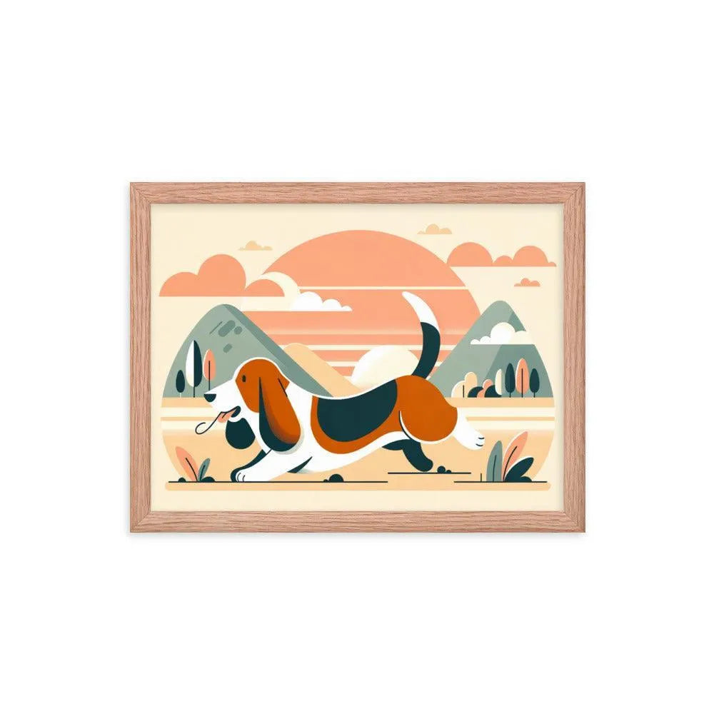 Joyful Basset Hound's Tail Chase Flat Art Framed Poster - Oh Posters