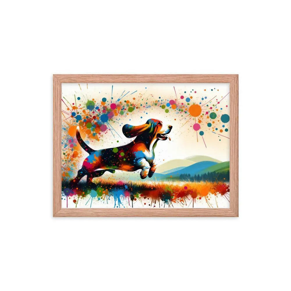 Joyful Basset Hound Playful Splatter Art Framed Poster - Oh Posters