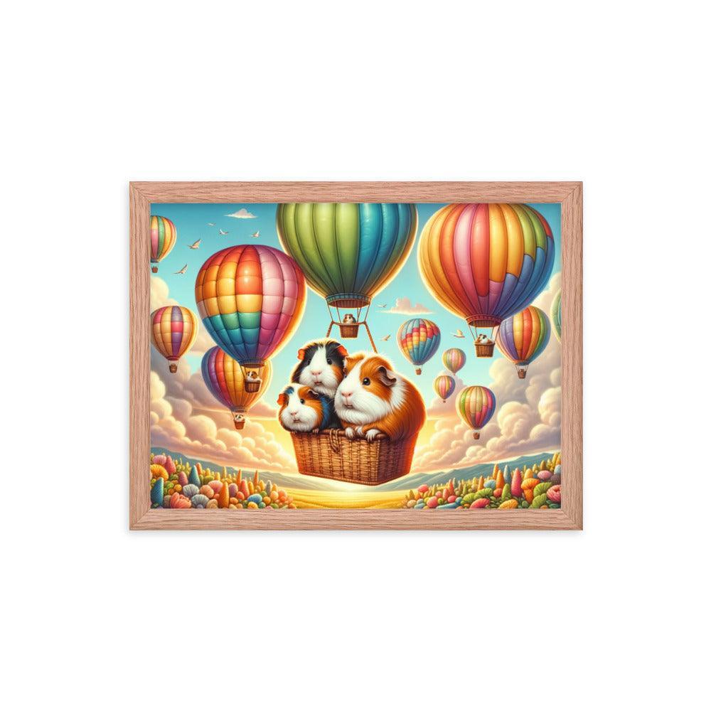 Guinea Pigs Soaring in Colorful Hot Air Balloons Illustration Framed Poster - Oh Posters