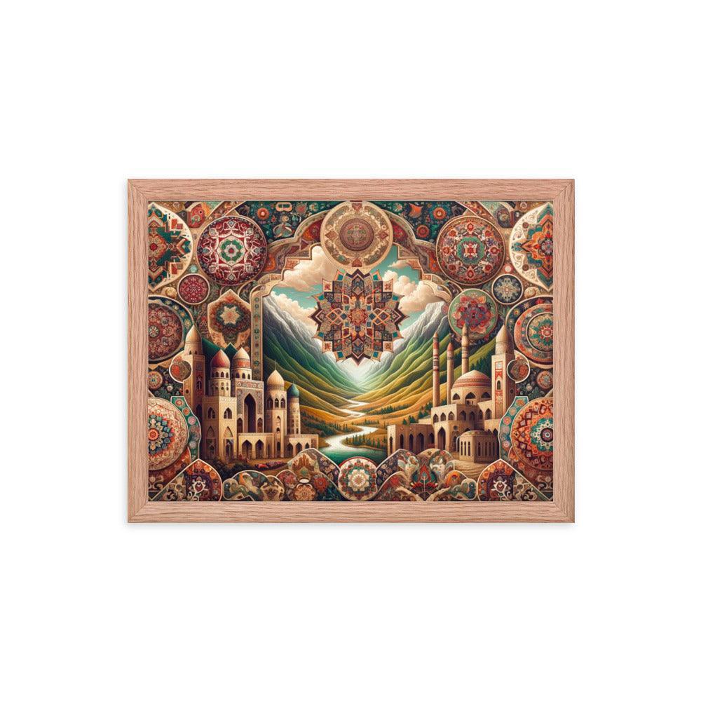 Captivating Azerbaijani Art Essence: Traditional Carpet Designs, Folkloric Symbols & Scenic Landscape Background Framed Poster - Oh Posters