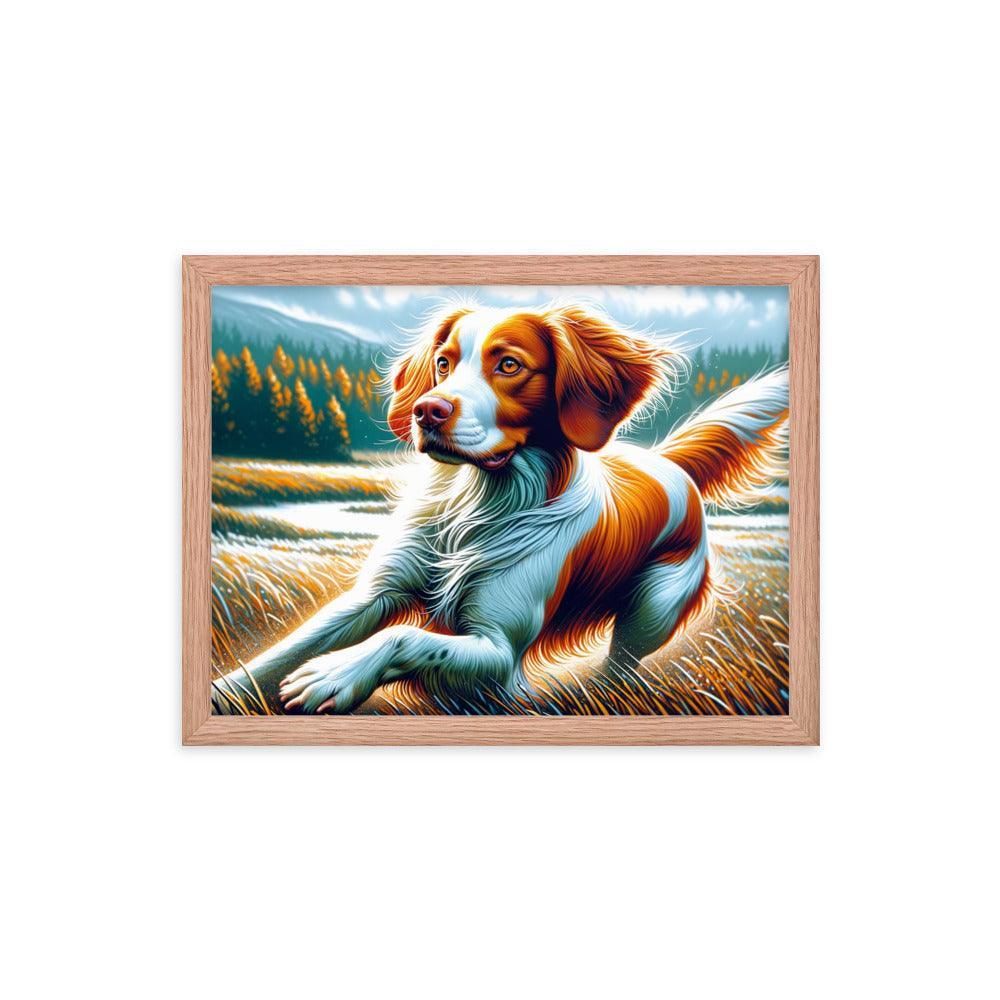 Brittany Dog in Nature Dynamic Pose with Vibrant Outdoor Scene Framed Poster - Oh Posters