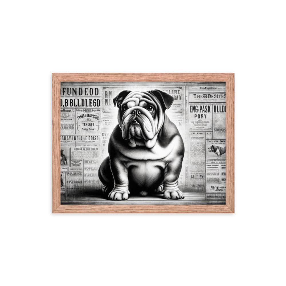 English Bulldog in Vintage Newspaper Style with Monochromatic Theme Art Framed Poster - Oh Posters