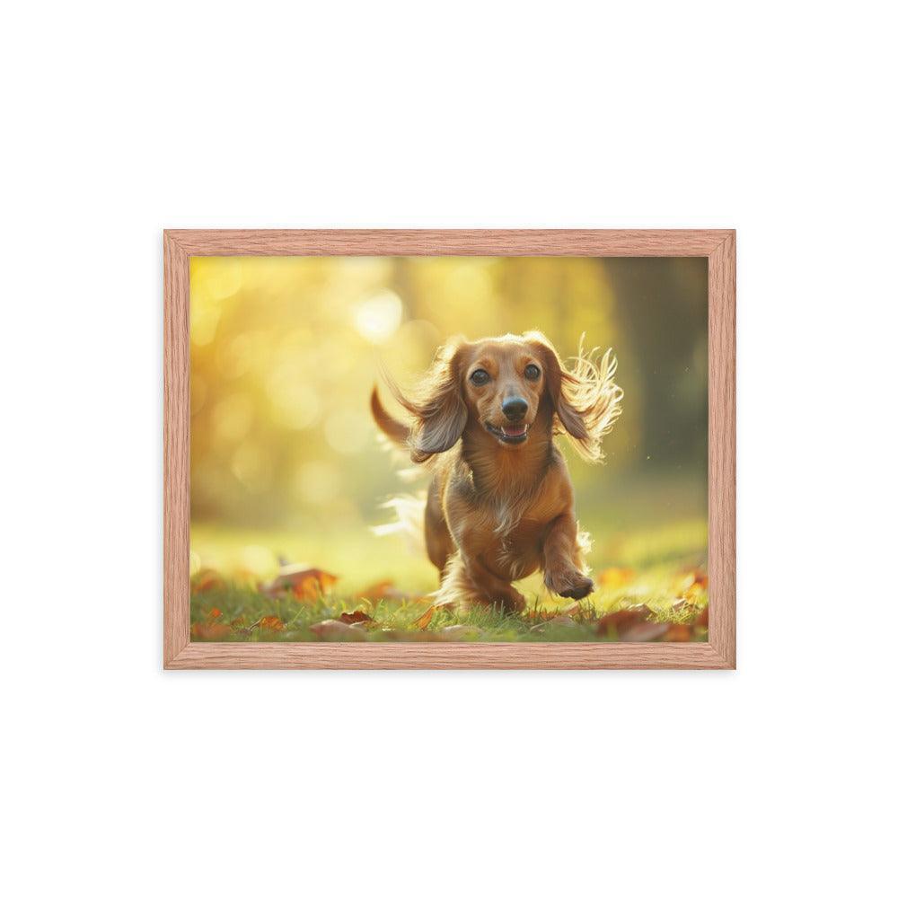 Joyful Long-Haired Dachshund's Playful in Autumn Framed Poster - Oh Posters