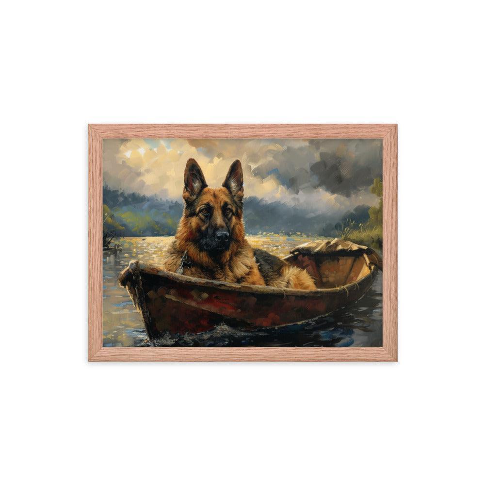 German Shepherd in Boat River Landscape Framed Poster - Oh Posters