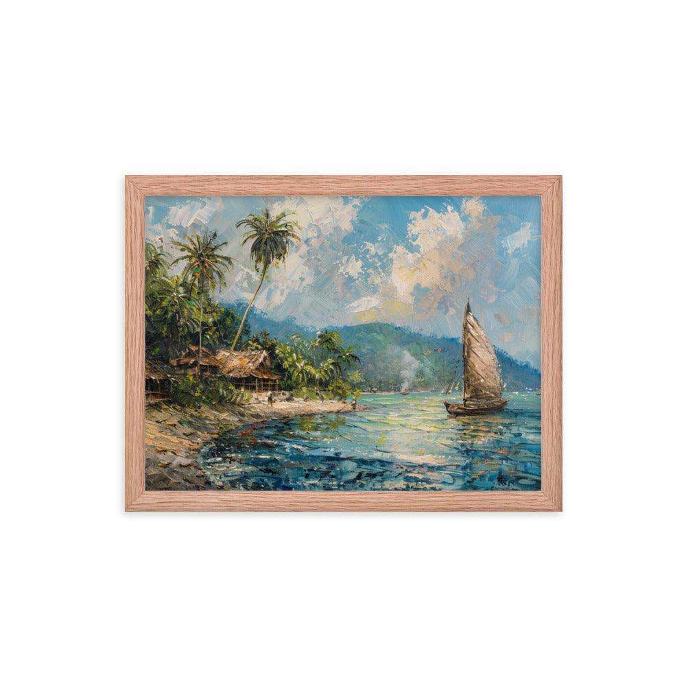 Comoros Beachside Hut and Sailboat Tropical Scene Framed Poster - Oh Posters