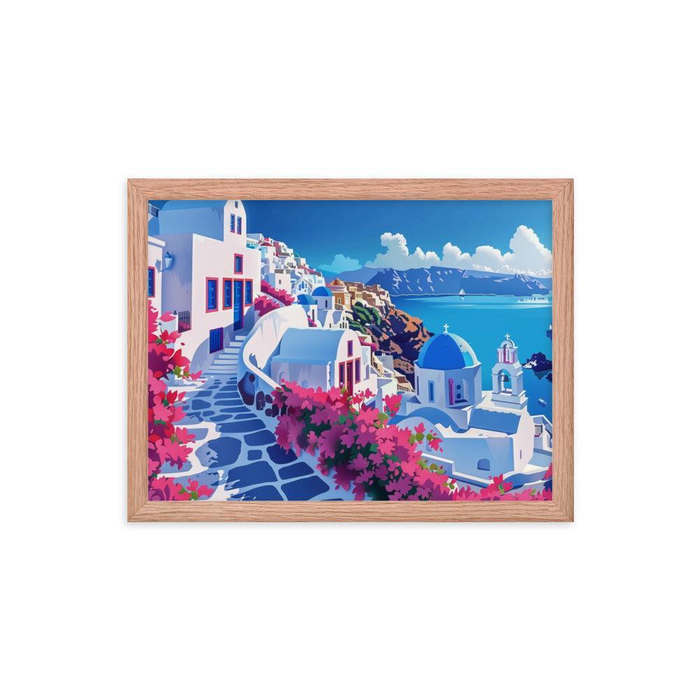 Greece Santorini Vibrant Floral Pathway Framed Poster - Oh Posters