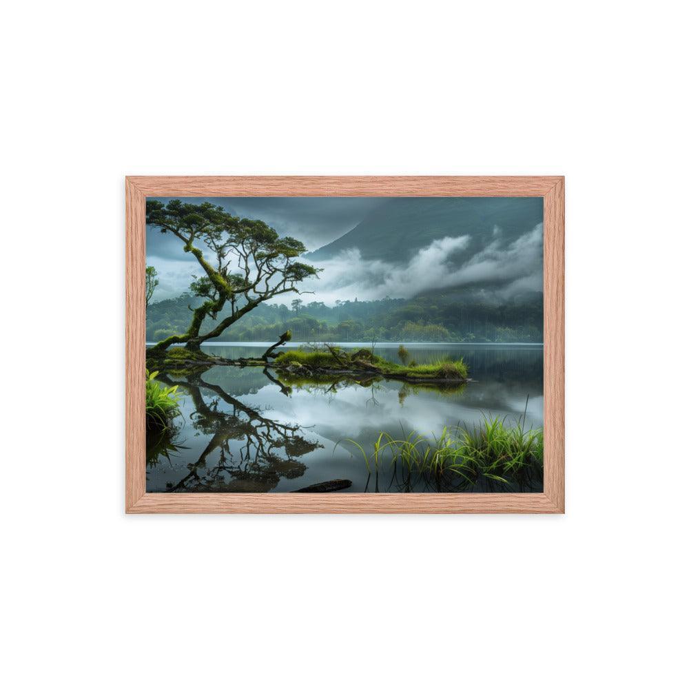 Indonesia Serene Lake Misty Mountains Framed Poster - Oh Posters