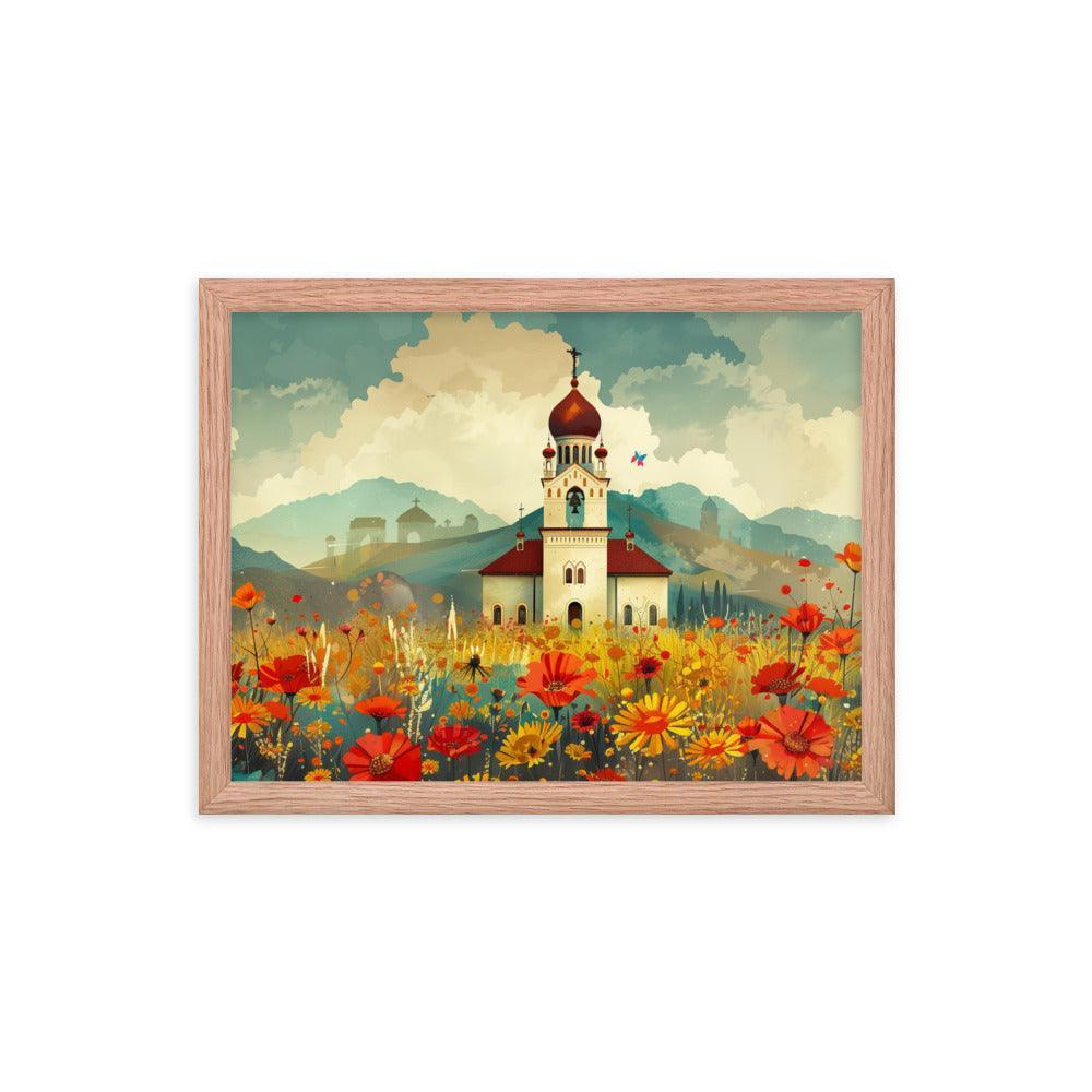 Romania Mountain Church Field of Flowers Framed Poster - Oh Posters