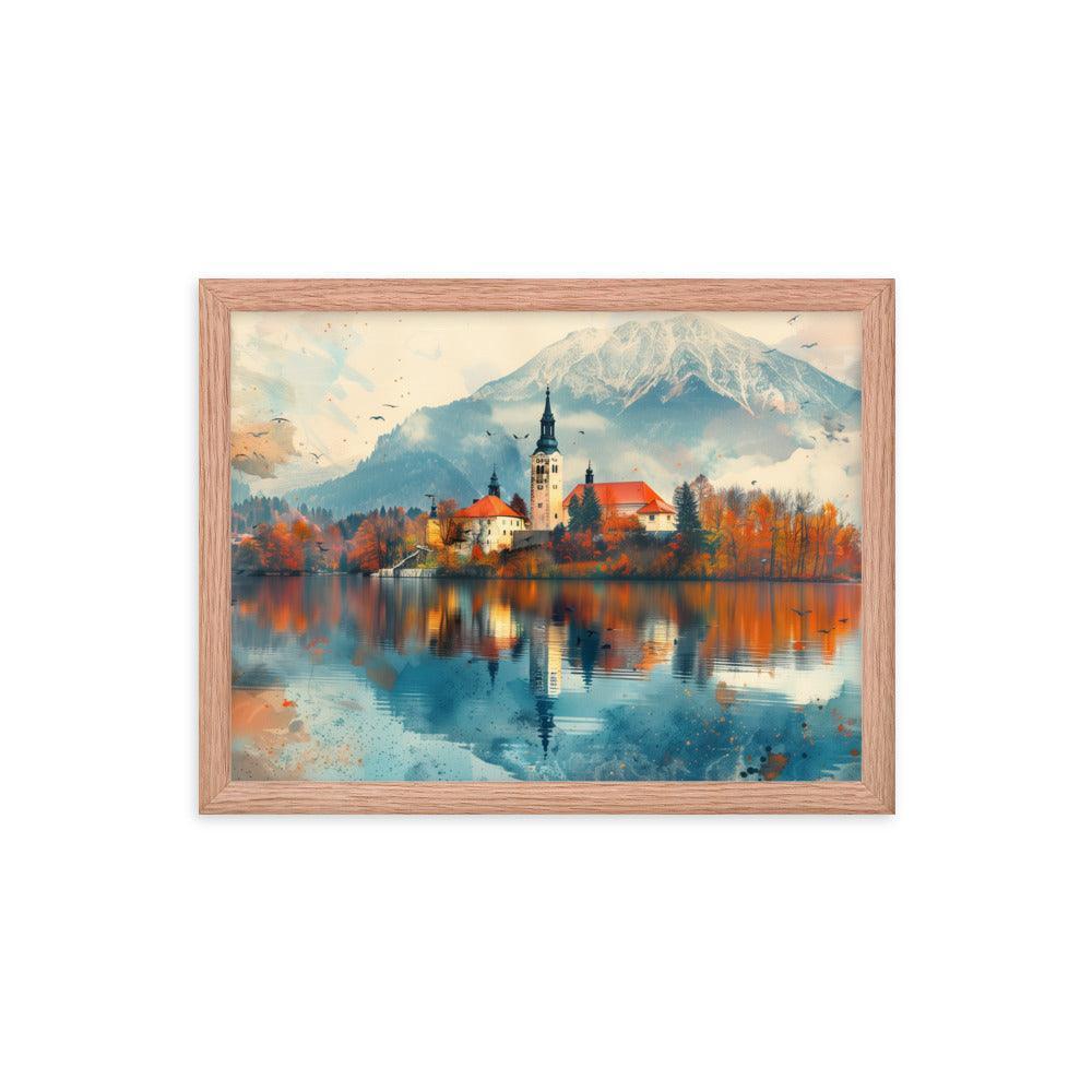 Slovenia Autumn Lakeside Church Reflection Framed Poster - Oh Posters