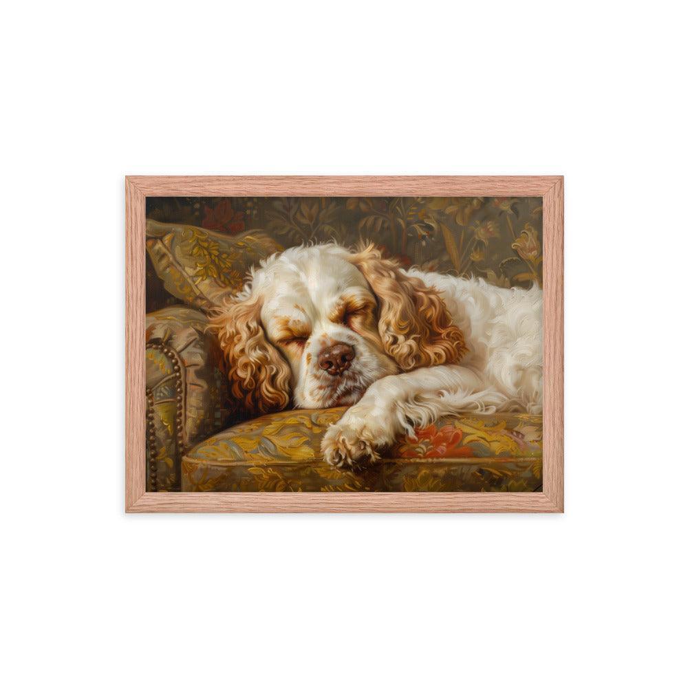 Clumber Spaniel Sleeping on Floral Sofa Painting Framed Poster - Oh Posters