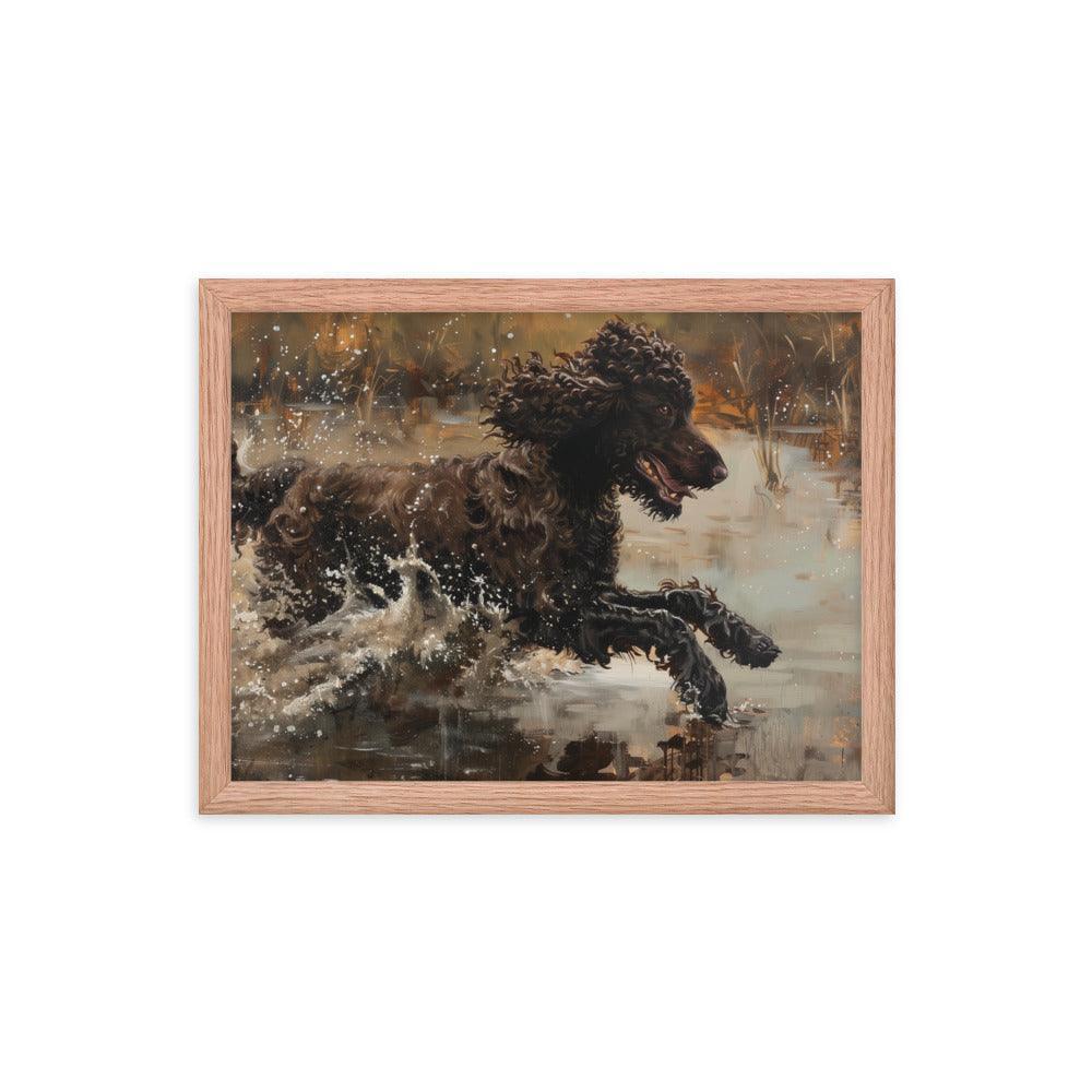 Irish Water Spaniel Splashing in Lake Art Framed Poster - Oh Posters