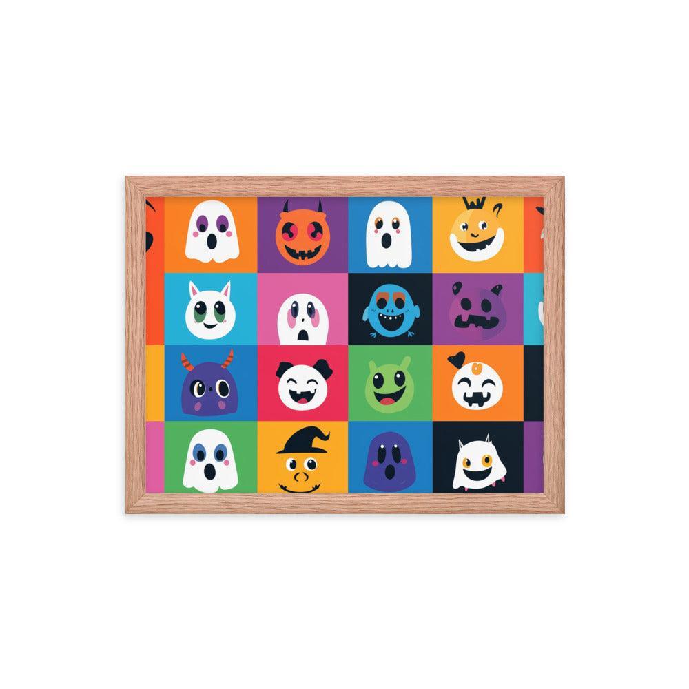 Cheerful Halloween Ghosts and Pumpkins Cartoon Faces Framed Poster - Oh Posters