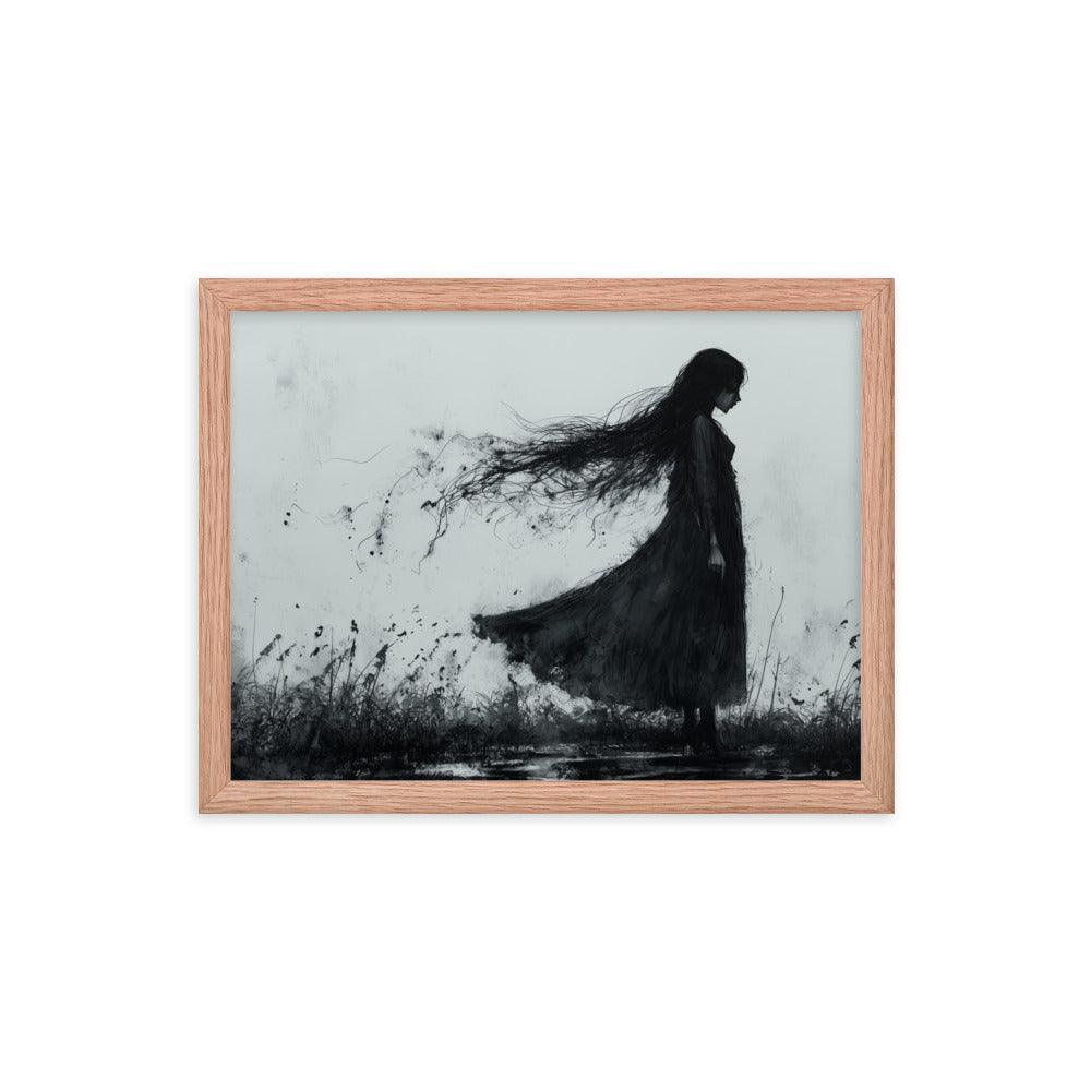 Dark Silhouette Woman in Gloomy Field Ink Illustration Framed Poster - Oh Posters