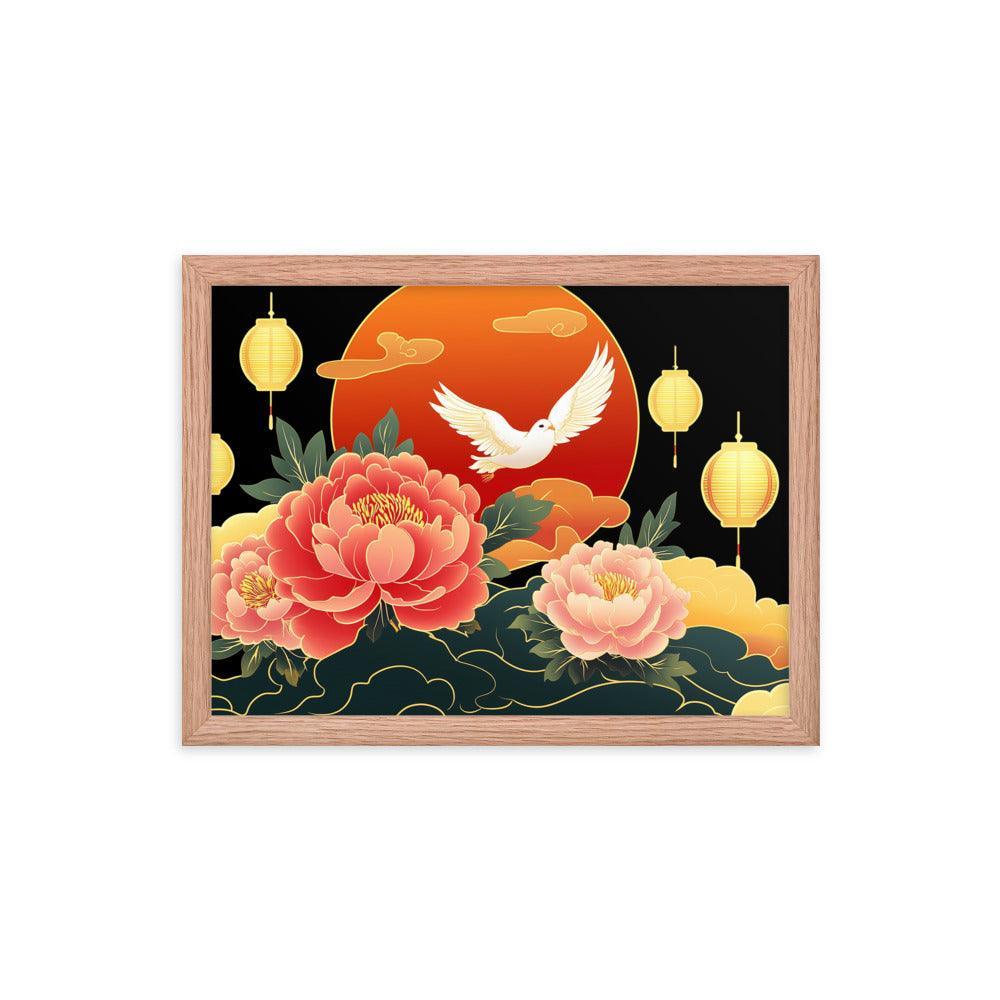 Chinese Traditional Floral Design with Lanterns and Dove Illustration Framed Poster - Oh Posters