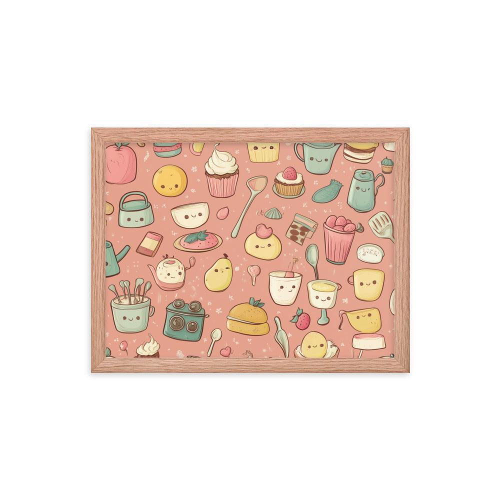 Kawaii Food and Kitchen Utensils Cute Doodle Pattern Framed Poster - Oh Posters