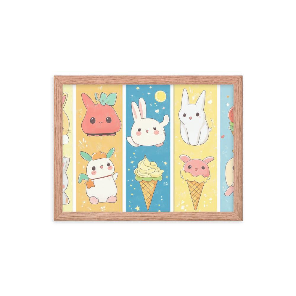 Kawaii Bunnies and Ice Cream Cute Character Strip Digital Art Framed Poster - Oh Posters