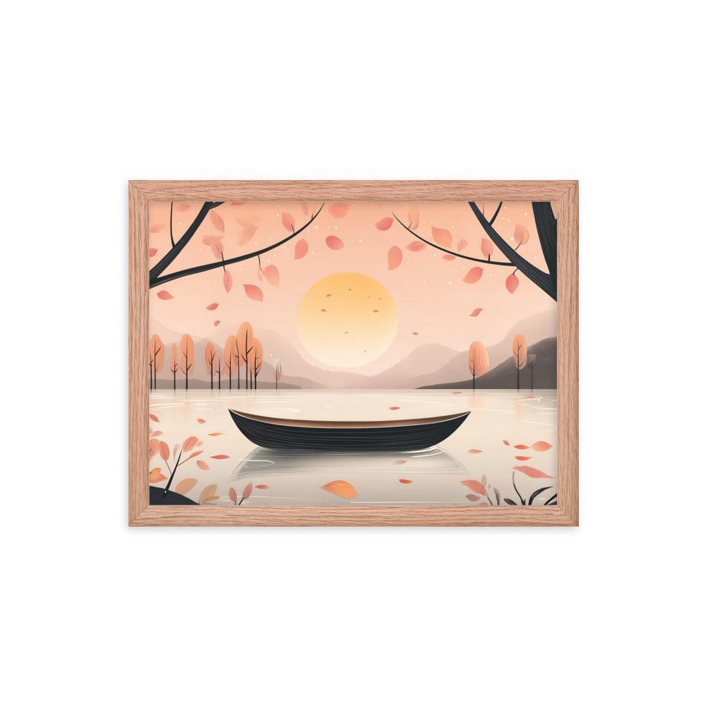 Peaceful Autumn Lake Scene with Soft Sunset and Falling Leaves Framed Poster - Oh Posters