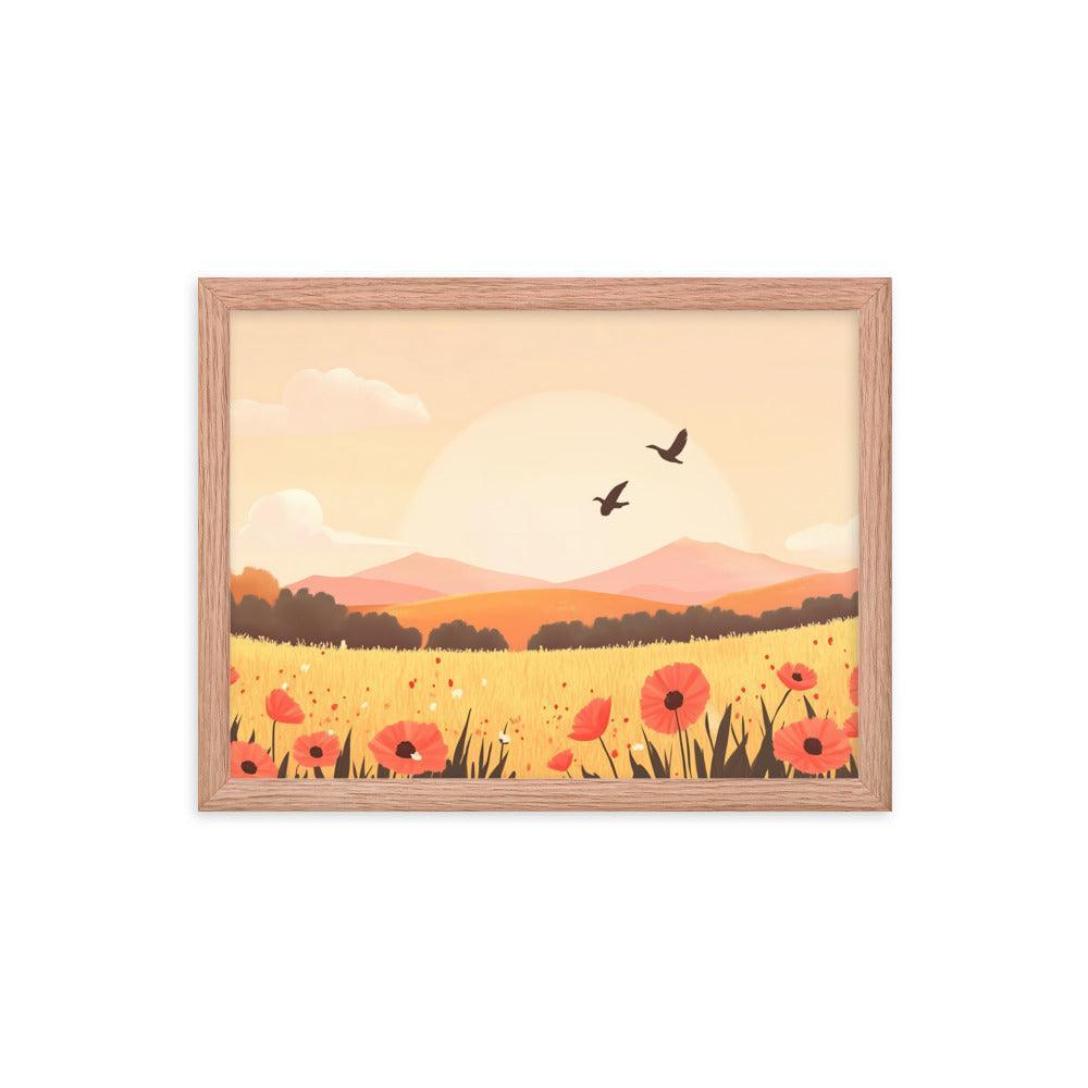 Sunset Field with Poppies and Birds in Pastel Landscape Framed Poster - Oh Posters