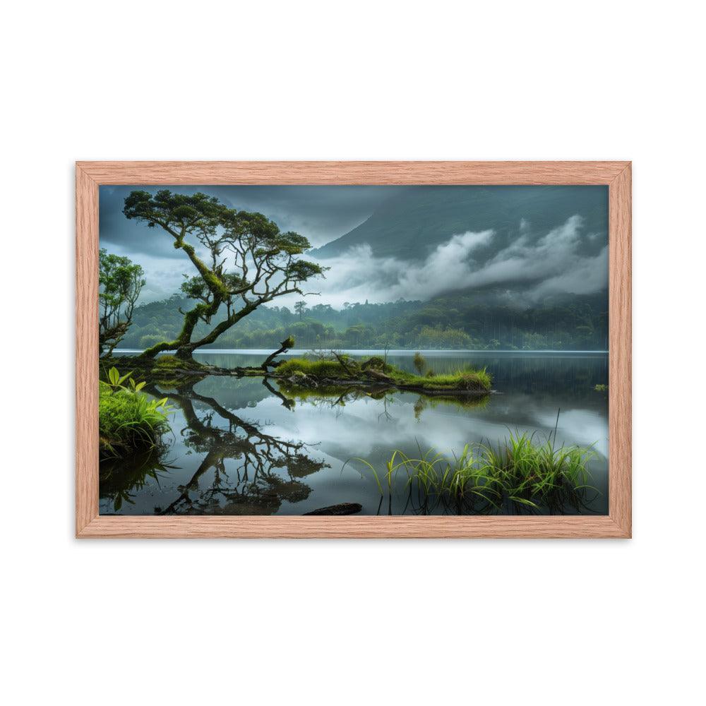 Indonesia Serene Lake Misty Mountains Framed Poster - Oh Posters