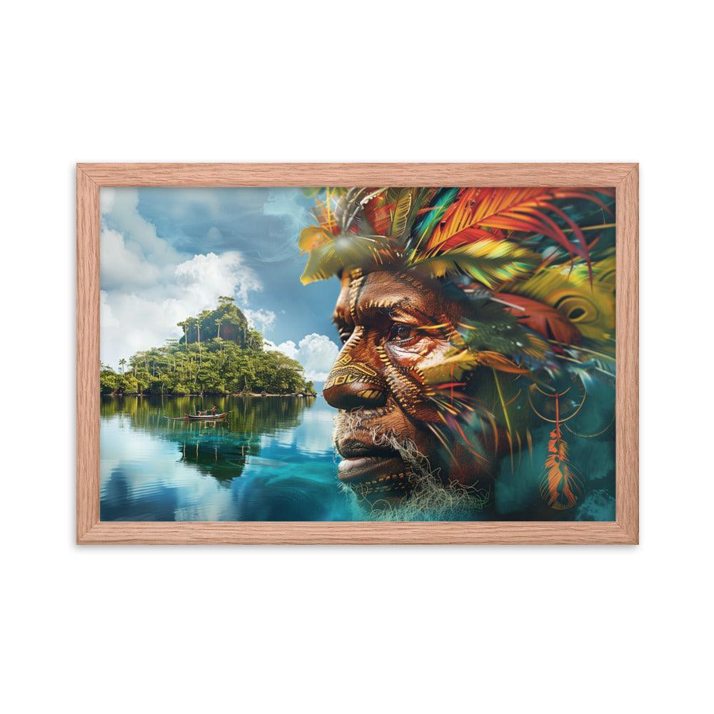 Papua New Guinea Indigenous Portrait and Island Landscape Framed Poster - Oh Posters