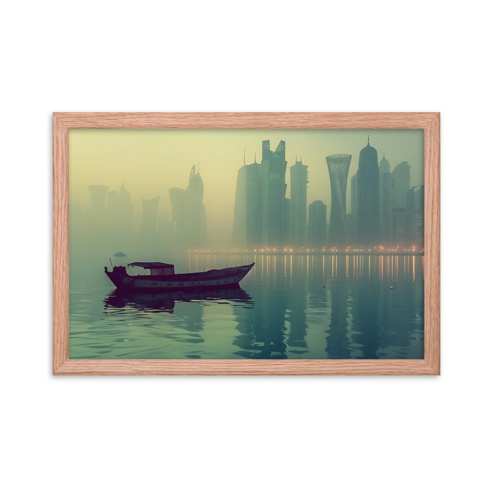 Qatar Foggy City Skyline Reflective Water Framed Poster - Oh Posters