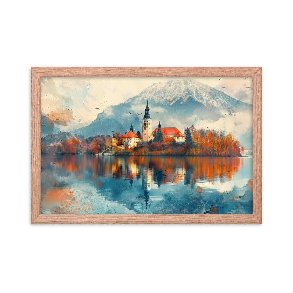 Slovenia Autumn Lakeside Church Reflection Framed Poster - Oh Posters