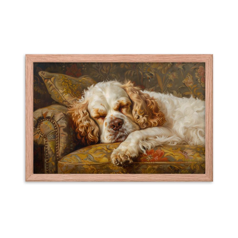 Clumber Spaniel Sleeping on Floral Sofa Painting Framed Poster - Oh Posters