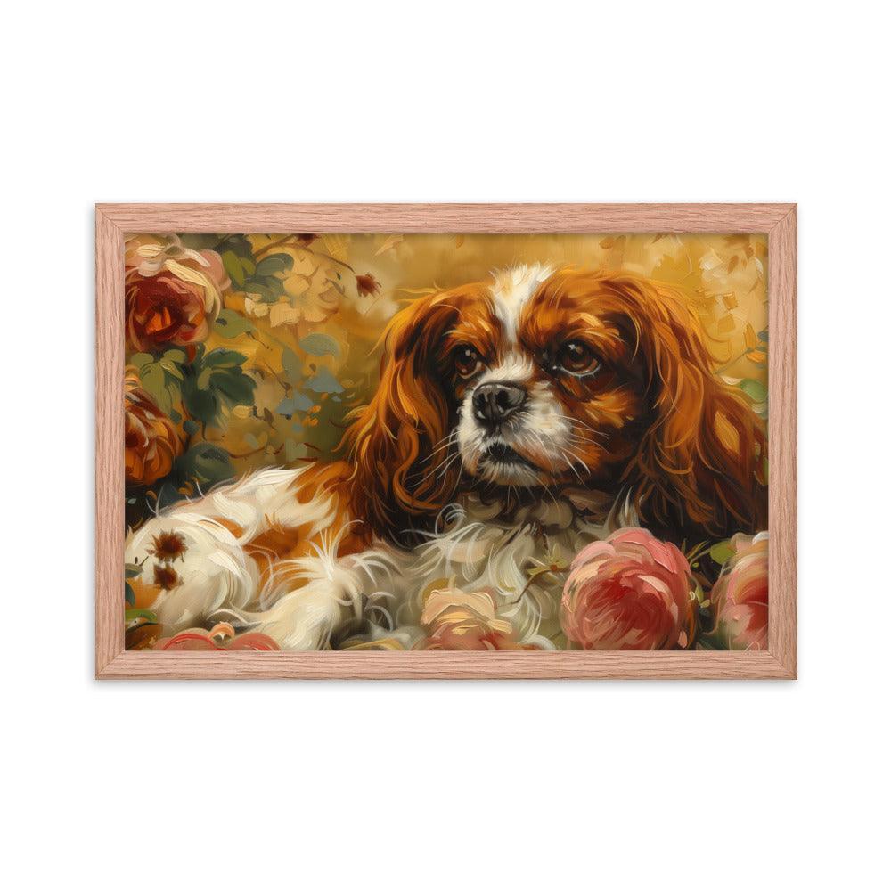 English Toy Spaniel Lying Among Roses Painting Framed Poster - Oh Posters